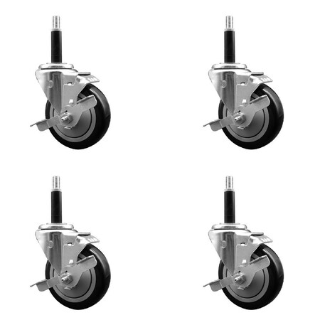 Service Caster 4'' Black Poly Swivel 3/4'' Expanding Stem Caster Set with Brake, 4PK SCC-EX20S414-PPUB-BLK-TLB-34-4